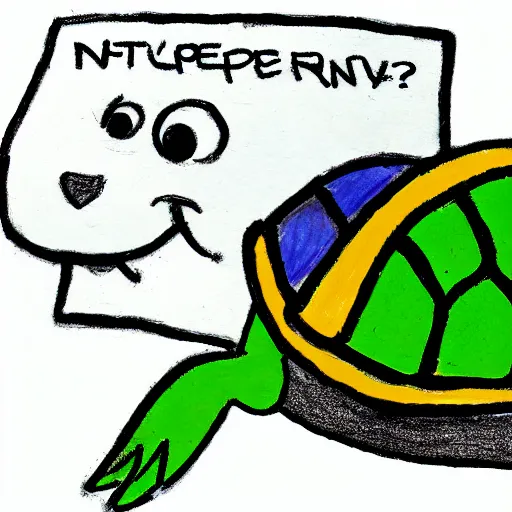 Image similar to a child's drawing of a turtle holding a receipt that says NFT! on it