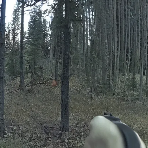 Image similar to trailcam footage of a skinny white wendigo in the distance hidden behing trees