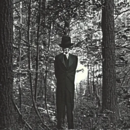 Image similar to “old photo of slender man in the woods, 1956”