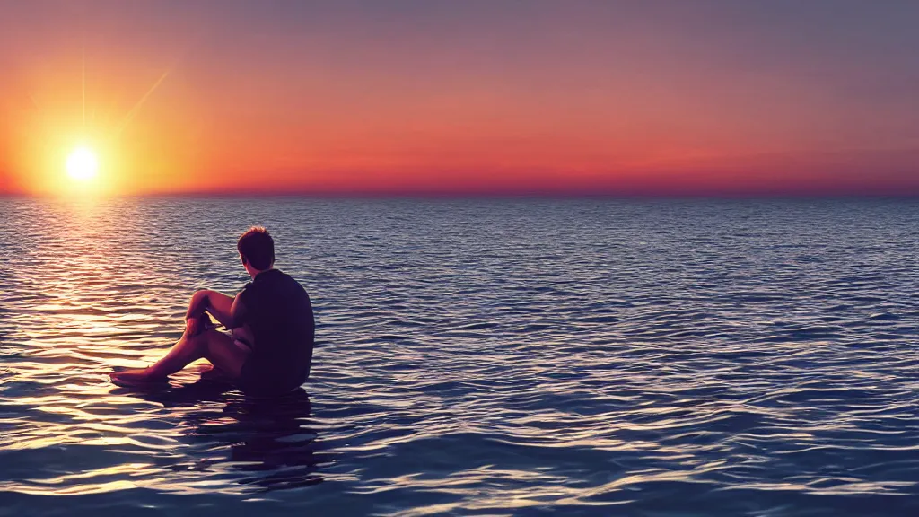 Prompt: a movie still of a man sitting on the roof of a car floating in the ocean at sunset, golden hour