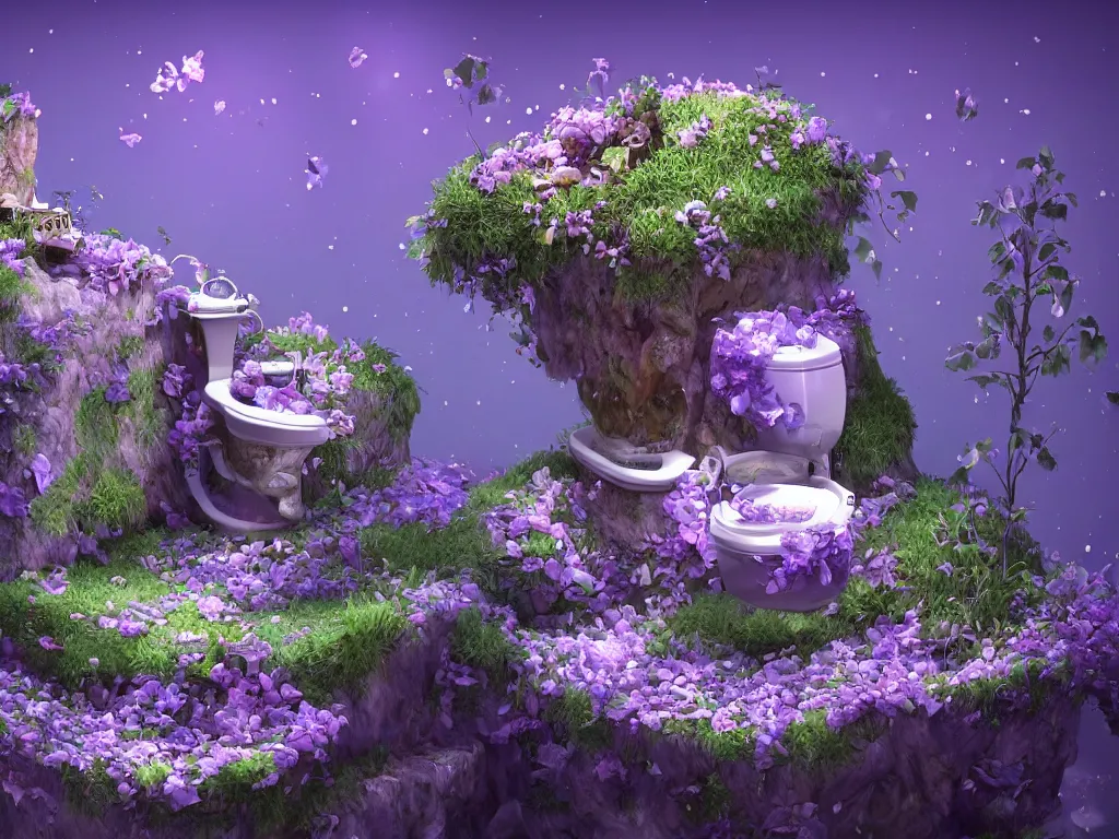 Prompt: a very beautiful scene, ambient occlusion render. a legendary cyrstalline plant with crystal flowers and fruit, sprouting out of a toto toilet bowl that is in a trash can on a grassy field. glowing with purple faires in the air. hyperrealistic, 4 k. wide angle. wild. deep focus, lovely scene. concept art. unreal engine.