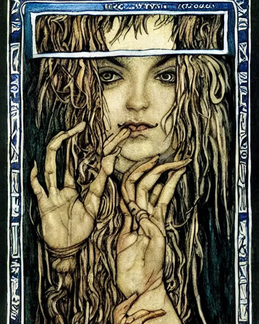 Image similar to tarot card detailed painting, illustration, tarot card framing with roman numbers, in style of Arthur Rackham