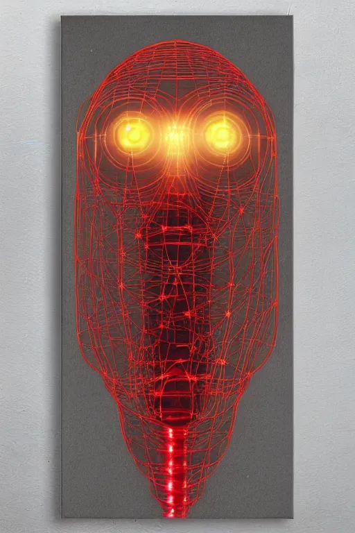 Prompt: organic cyborg head wrapped in plastic wire by pixar, centered, symmetrical, cinematic lighting, gold and red, bilateral symmetry, 80s poster, polished, thick smoke, retro dark vintage sci-fi, 2D matte illustration