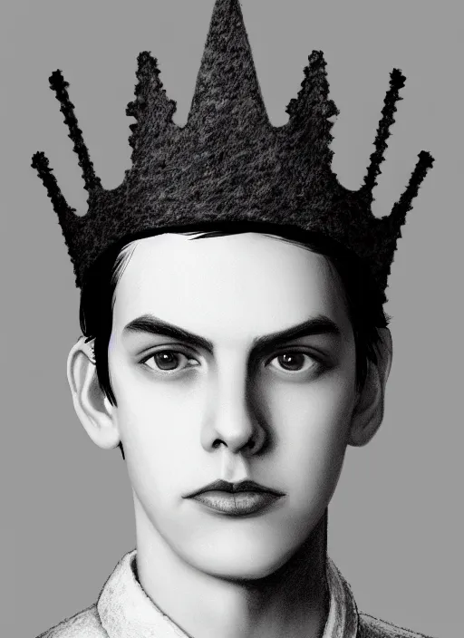 Image similar to portrait of teenage jughead jones wearing a light grey crown, photorealistic, crown made of felt fabric, crown, crown made of felt, black hair, intricate, elegant, highly detailed, digital painting, glowing lights, artstation, concept art, smooth, sharp focus, illustration, art by wlop, mars ravelo and greg rutkowski