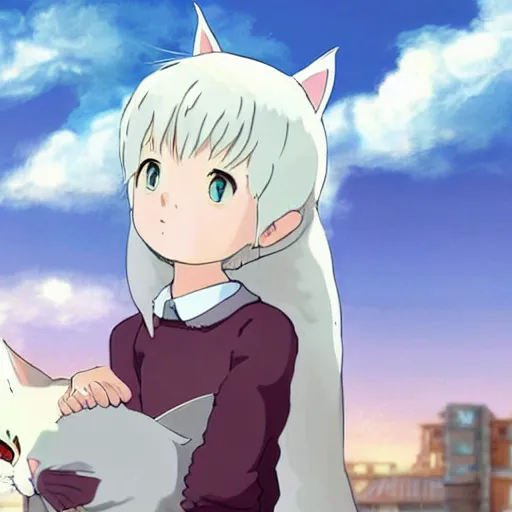 Prompt: white hair anime girl with cat ear, Ghibli studio, cute, cinema, Spirited Away