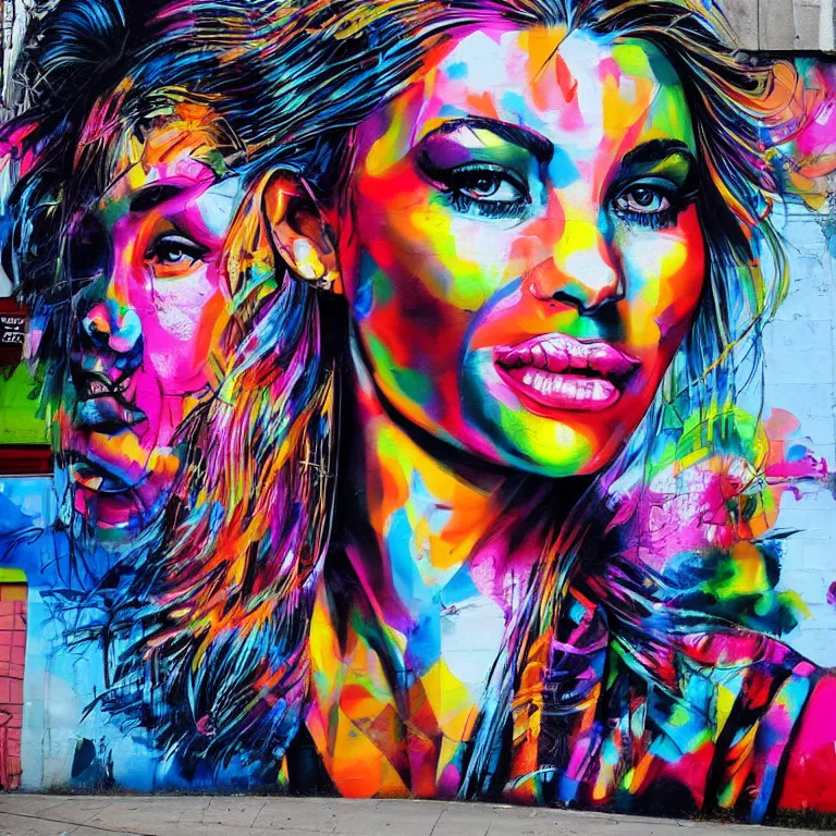 Prompt: Street-art portrait of Eve Mendes in style of Eduardo Kobra, photorealism