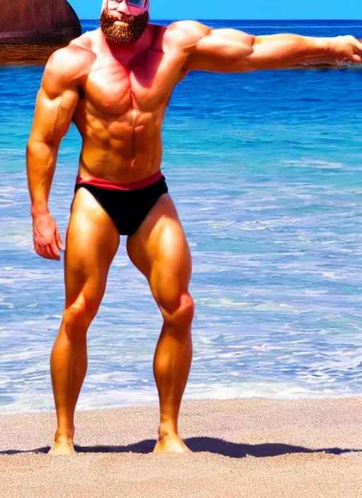 Prompt: professional photo of bart simpsonwith muscular fit body and very very very chad face, on the beach at noonday, blur background, high details, original simpsons cartoon style