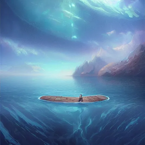 Prompt: Descend into the deep, warm, endless lake, 8K, Ultra Realistic, vast surreal landscape and horizon by Asher Durand and Cyril Rolando and Thomas Kinkade, rich pastel color palette, masterpiece!!, grand!, imaginative!!!, epic scale, intricate details, sense of awe, elite, fantasy realism, complex composition, 4k post processing