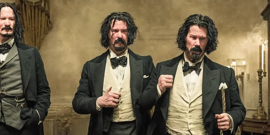 Image similar to Keanu Reeves and Tom Hardy as Mark Twain and Winston Churchill in 'T-Waain vs. C-hill: The Rap Battle of the century' (2017), movie still frame