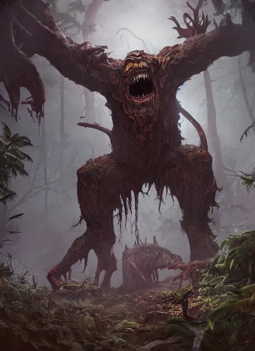 Image similar to terrific monster in middle of jungle, horror, dark atmosphere, harsh lighting, cinematic lighting, scary, award wining art, artstation, high details, concept art, 4 k