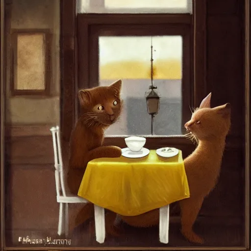 Image similar to brown cat with yellow eyes is sitting at table in a cafe at paris in early 2 0 th century. it is licking milk from little saucer, atmospheric feeling, warm colours, brown colours, yellow colours, epic scene, cinematic, very detailed, concept art, trensing on artstation