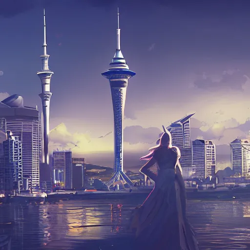 Prompt: auckland city and sky tower and harbor bride solarpunk, dynamic lighting, cinematic composition, artstation, ayan nag, marcin rubinkowski, adrien girod