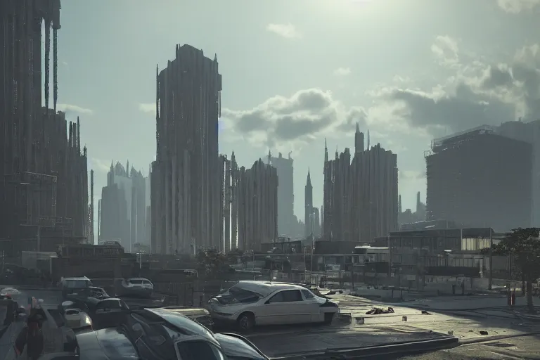 Image similar to streetscape, a towering cathedral of brutalist architecture, buildings covered with greebles, stunning volumetric light, sunset, metal, concrete and translucent material, stunning skies, majestic landscape, trending on Artstation, 8k, photorealistic, hyper detailed, unreal engine 5, IMAX quality, cinematic, epic lighting, in the style of Greg Rutkowski