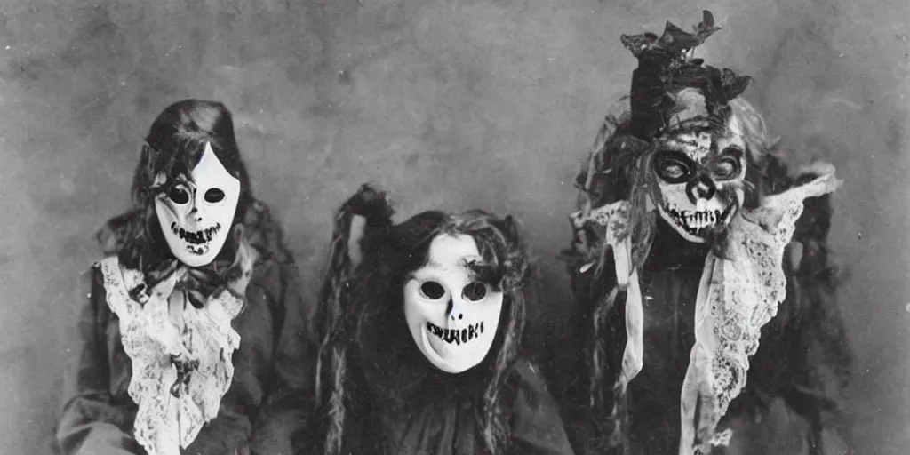 Image similar to victorians wearing vintage scary halloween mask, 1 9 0 0 s picture