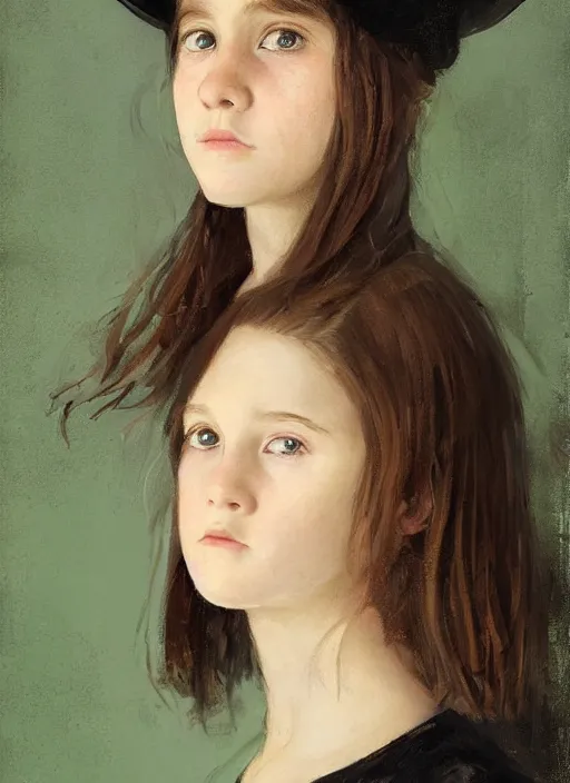 Prompt: a portrait of a thirteen year old girl with brown hair and a stern expression. she is wearing a green dress and a black pointed witch hat. beautiful painting with highly detailed face by greg rutkowski and magali villanueve