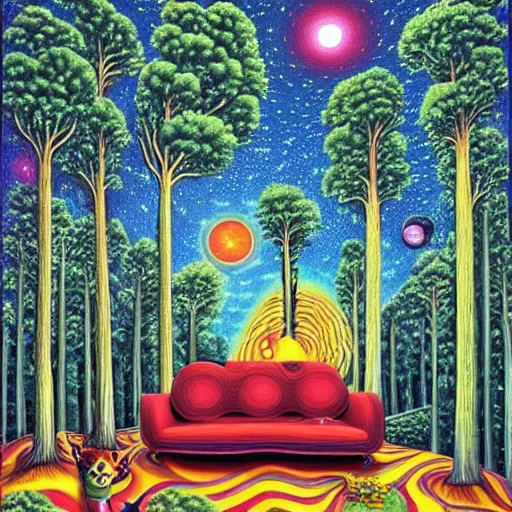 Prompt: psychedelic trippy mandolin pine forest, planets, milky way, sofa, cartoon by rob gonsalves