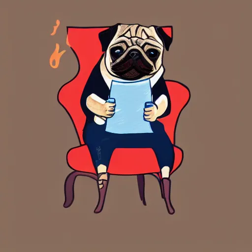 Prompt: illustration of a pug sitting on a chair with a table, reading the newspaper, there is a cup on the table in front of a fireplace, digital art, artstation trend