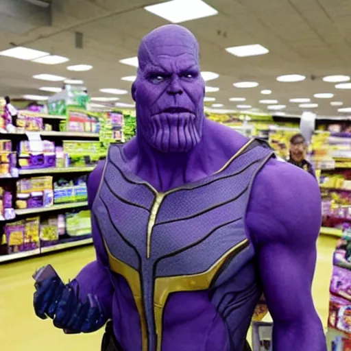 Image similar to thanos stuck in a walmart looking for his mom,