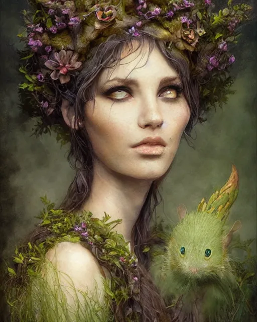 Image similar to portrait character design painting, dryad musician inspired by brian froud, portrait, accompanied by a cute feathered mouse, studio lighting by jessica rossier and brian froud and gaston bussiere