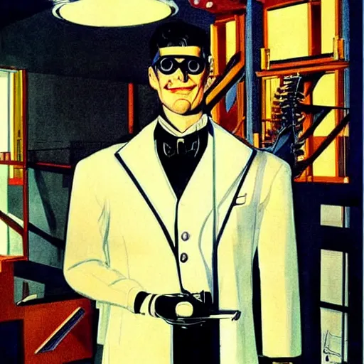 Image similar to man in futurist 6 0 ´ s lab, machines and futurist robots, leyendecker style, black suit