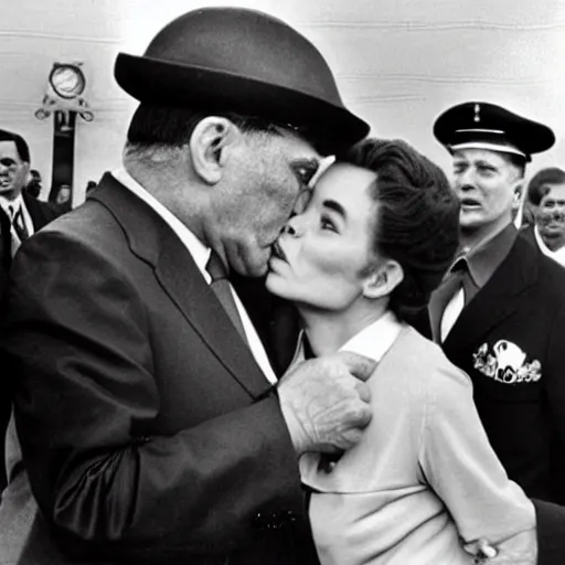Image similar to Leonid Brezhnev and Erich Honecker. A hot kiss. Social realism.
