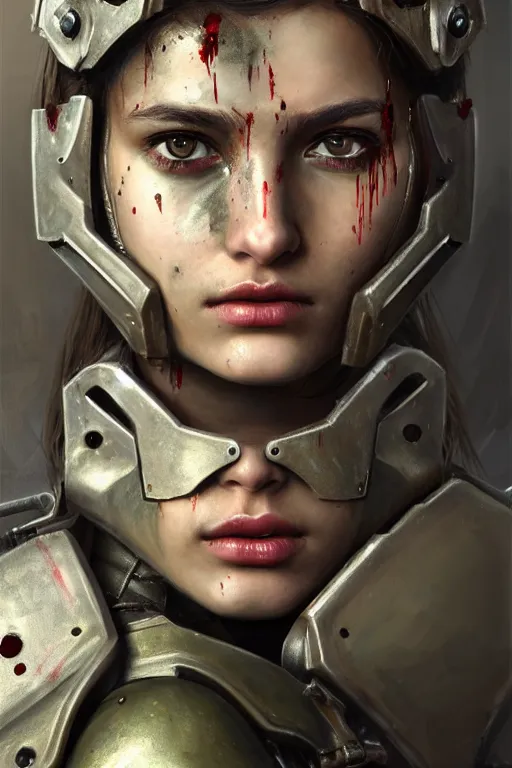 Image similar to a photorealistic painting of an attractive young girl, partially clothed in dirty metal-plated battle armor, a tiny spot of blood, olive skin, long dark hair, beautiful bone structure, symmetrical face, perfect eyes, intricate, elegant, digital painting, concept art, illustration, sharp focus, minimal artifacts, volumetric lighting, from Metal Gear, in the style of Ruan Jia and Mandy Jurgens and Greg Rutkowski, trending on Artstation, award winning