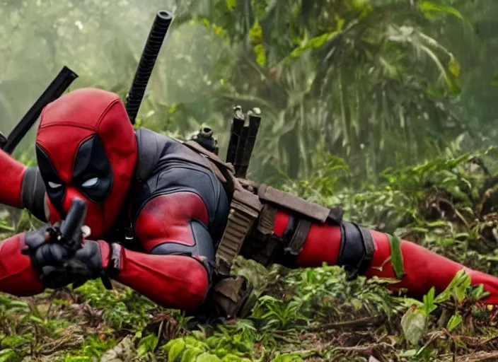 Image similar to film still of deadpool fighting in the jungles during the vietnam war in the new deadpool movie, 4 k