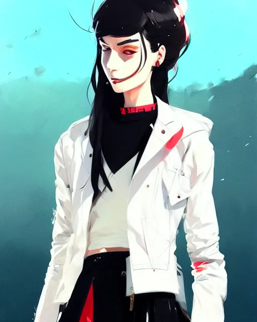 Image similar to a ultradetailed painting of a stylish woman wearing a white jacket with black skirt, by conrad roset, greg rutkowski and makoto shinkai trending on artstation