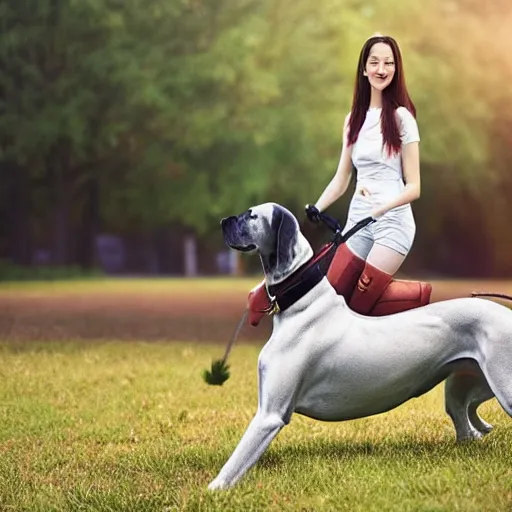 Image similar to girl riding a great Dane in the park, trending on artstation