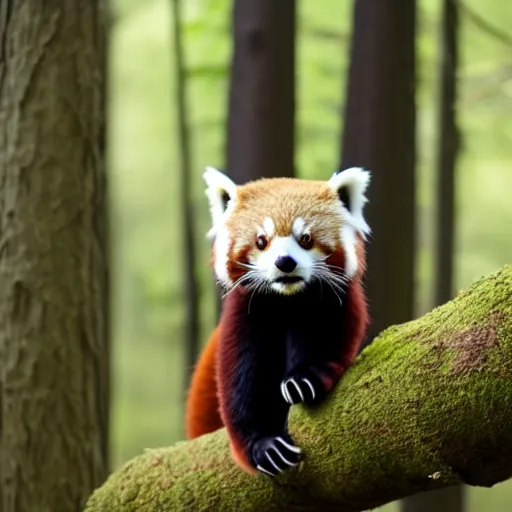 Image similar to photo of humanised red panda armored with golden helmet in the forest