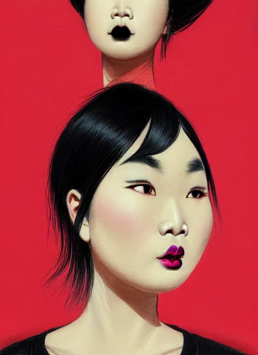 Prompt: portrait of a plump asian woman with a crooked nose and a confident expression, 1 9 6 0 s, black clothes, goth, punk, brightly coloured hair, funk, intricate, elegant, highly detailed, digital painting, artstation, concept art, smooth, sharp focus, illustration, art by wlop, mars ravelo and greg rutkowski