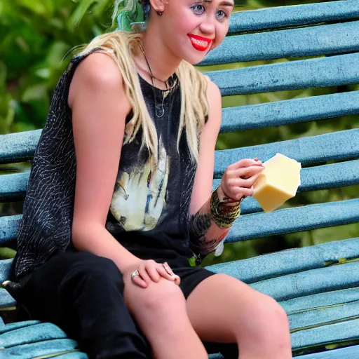 Prompt: miley cyrus sat on a bench eating cheese, thunderstorm, studio ghibli