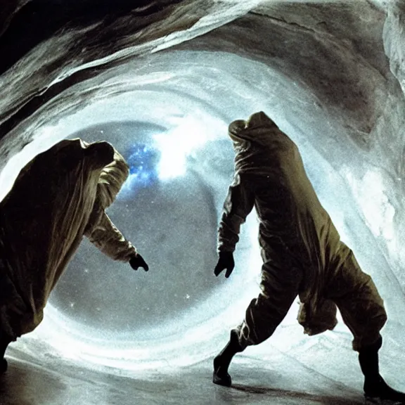 Image similar to two scientists wearing red rick owens hazmat suits in a glowing nebula wormhole tunnel by frank frazetta