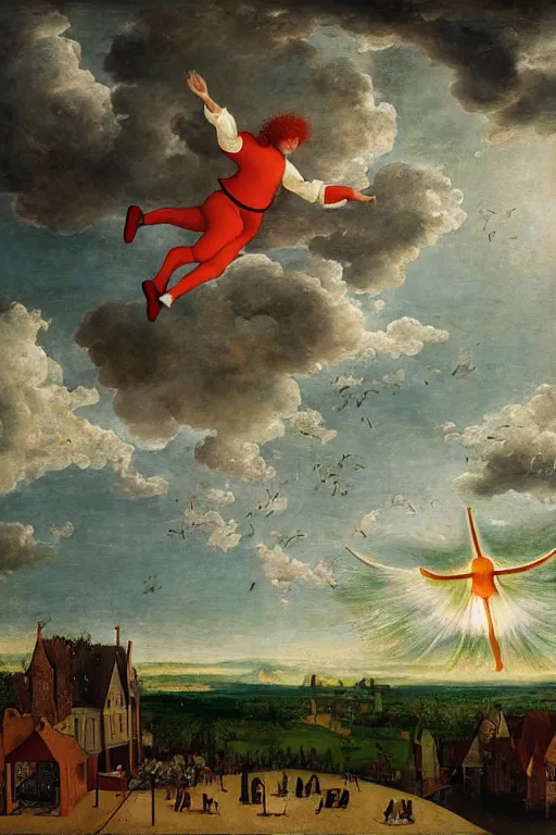 Prompt: ronald mcdonald as an angel ascending into the heavens with wings made of french fries, directly above a mcdonalds restaurant, halo, sunbeams, clouds, oil on panel, by pieter brueghel