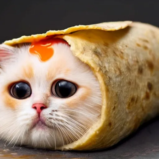 Image similar to a cute cat trapped in a burrito, covered in ketchup and mayonnaise