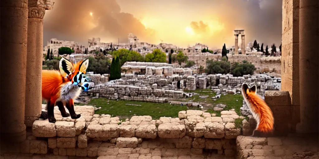 Prompt: a adorable small fox in the huge ruins of the second temple in jerusalem in the distance. the third temple hovers quietly hiding in the dreamy clouds above. a hooded bearded old man in a brown tunic laughing, colorful 8 k, art station, intricate superb details, digital art, illusion painting hidden temple.