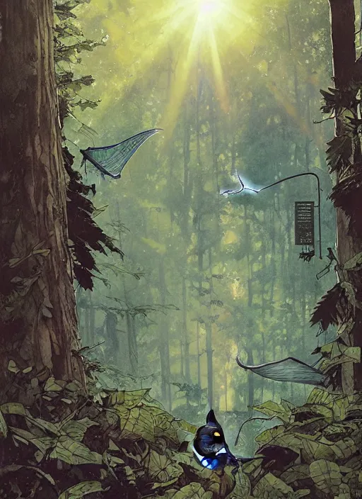 Image similar to a hyper realistic ink cat alien technology and sunbeams blue sky, lush forest foliage painting by chiara bautista and norman rockwell and greg rutkowski weta studio, and lucasfilm