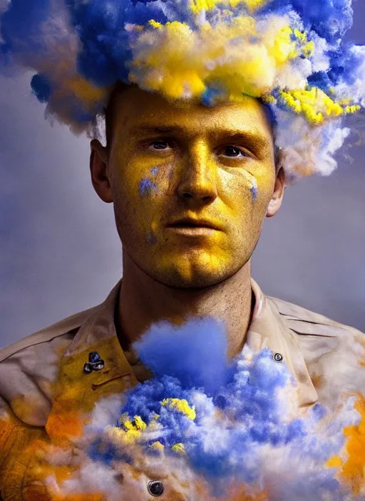 Image similar to crying!!!!!! modern ukrainian soldier!!, covered in yellow and blue clouds, disarming, enchanting, fragile, hopeful, cloudcore, portrait, by kim keever