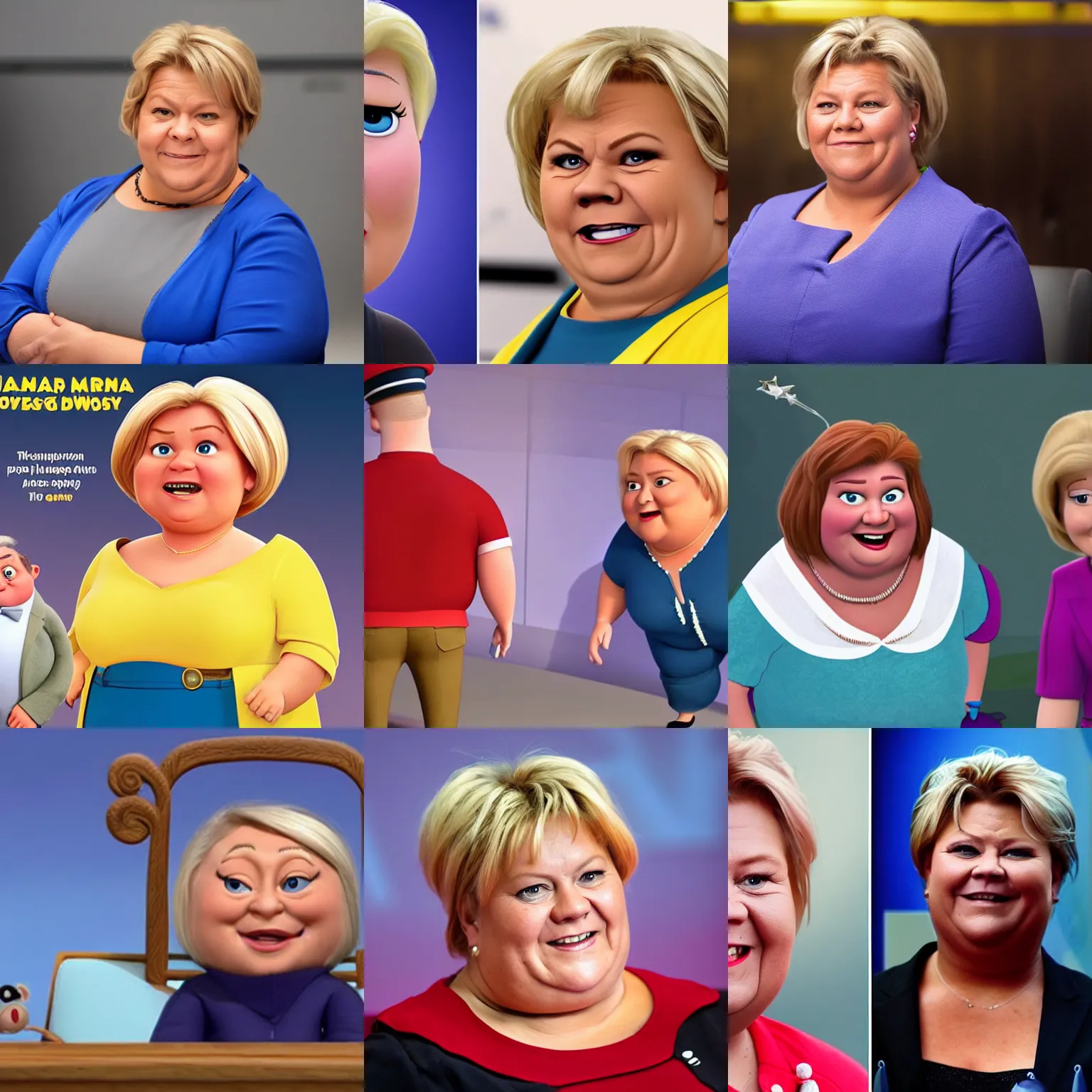 Prompt: erna solberg in a pixar movie