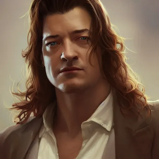 Prompt: smirking male bard, brendan fraser, white shirt, long hair, portrait, D&D, fantasy, highly detailed, digital painting, artstation, concept art, sharp focus, illustration, art by artgerm and greg rutkowski and alphonse mucha