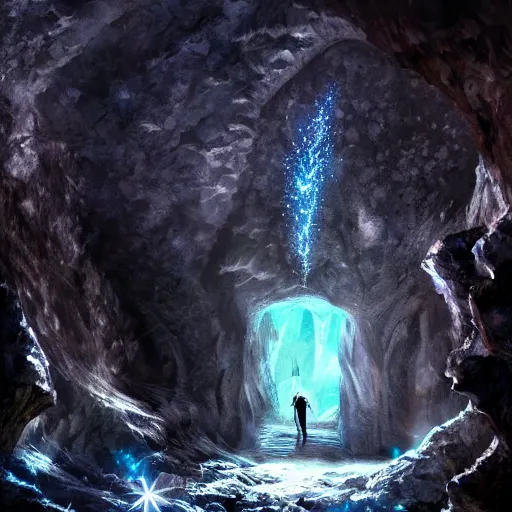 Prompt: a cave full of diamonds and luminous crystals, fantasy photo, harry potter style, trending on artstation, hdr, mysterious