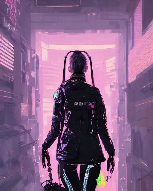 Image similar to detailed portrait neon guard girl with long straight blonde hair seen from the back, cyberpunk futuristic, reflective puffer jacket, black leggings, decorated with traditional ornaments in front of a dystopian crowd with piles of garbage by ismail inceoglu dragan bibin hans thoma, perfect face, fine details, realistic shaded, fine - face, pretty face by rossdraws