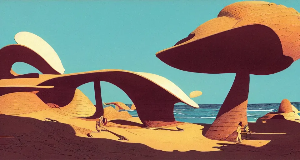 Prompt: a giant seashell house in the middle of nowhere, by syd mead, moebius, j. h. williams iii, triadic color scheme