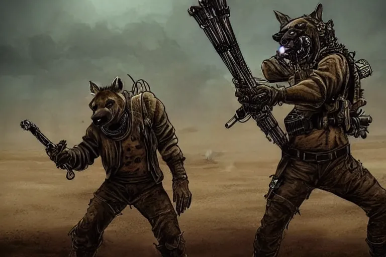 Image similar to a good ol'hyena fursona ( from the furry fandom ), heavily armed and armored facing down armageddon in a dark and gritty version from the makers of mad max : fury road. witness me.