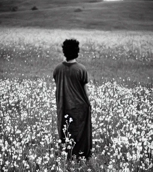 Prompt: mystical black death god standing in tall meadow of flowers, distant, vintage film photo, grainy, high detail, high resolution