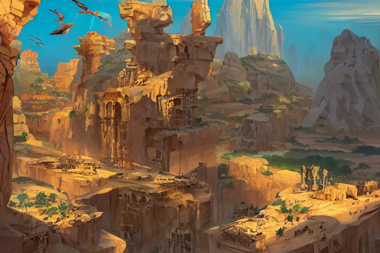 Prompt: an architectural painting of birds flying above the ruins of an archaic city of ancient persia looming above a canyon by syd mead and peter mohrbacher and james gilleard in the style of hugh ferriss