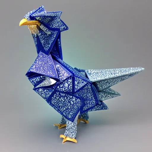 Image similar to beautiful, glorious crystallized porcelain origami chicken emperor, blue and silver colors, intricate details, realistic, reflective 3 d rtx hd