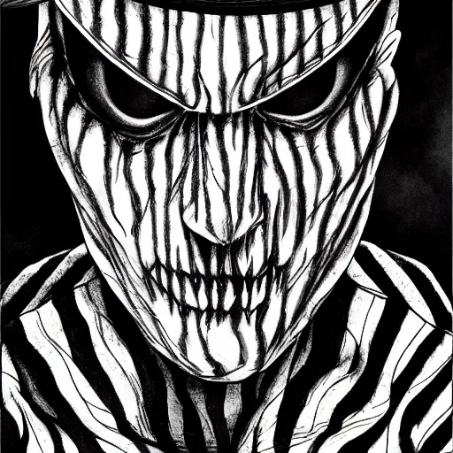 Image similar to Freddy Krueger portrait in the style of Junji Ito. Manga. Black & White. Gothic. Horror. Exquisitely detailed. 4K.