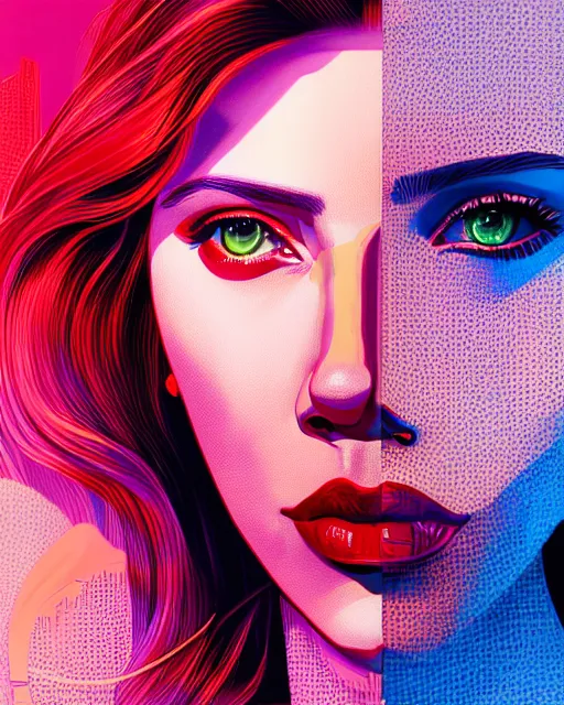 Prompt: highly detailed vfx portrait of scarlett johansson, red lipstick, global illumination, detailed and intricate environment by james jean, liam brazier, victo ngai and tristan eaton