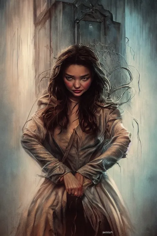 Image similar to a movie poster, movie poster, 1980, movie poster, horror movie staring miranda kerr, haunted house themed, by artgerm and greg rutkowski